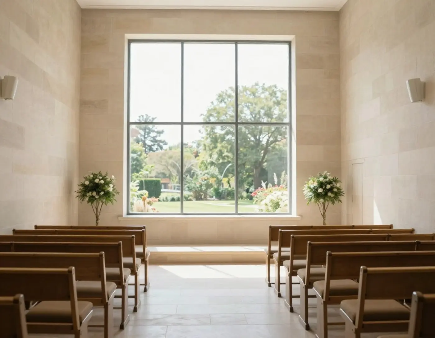 Salle de cérémonie claire avec chaises alignées et lumière naturelle sur un mur de pierre