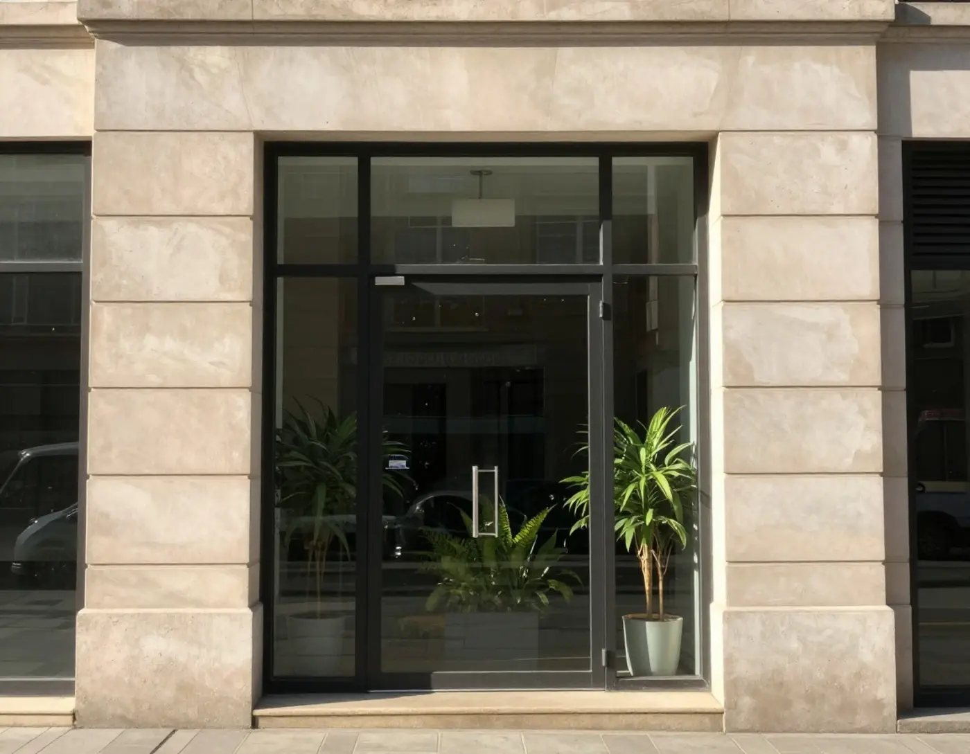 Façade sobre d'un établissement funéraire de ville, entrée discrète et plante verte