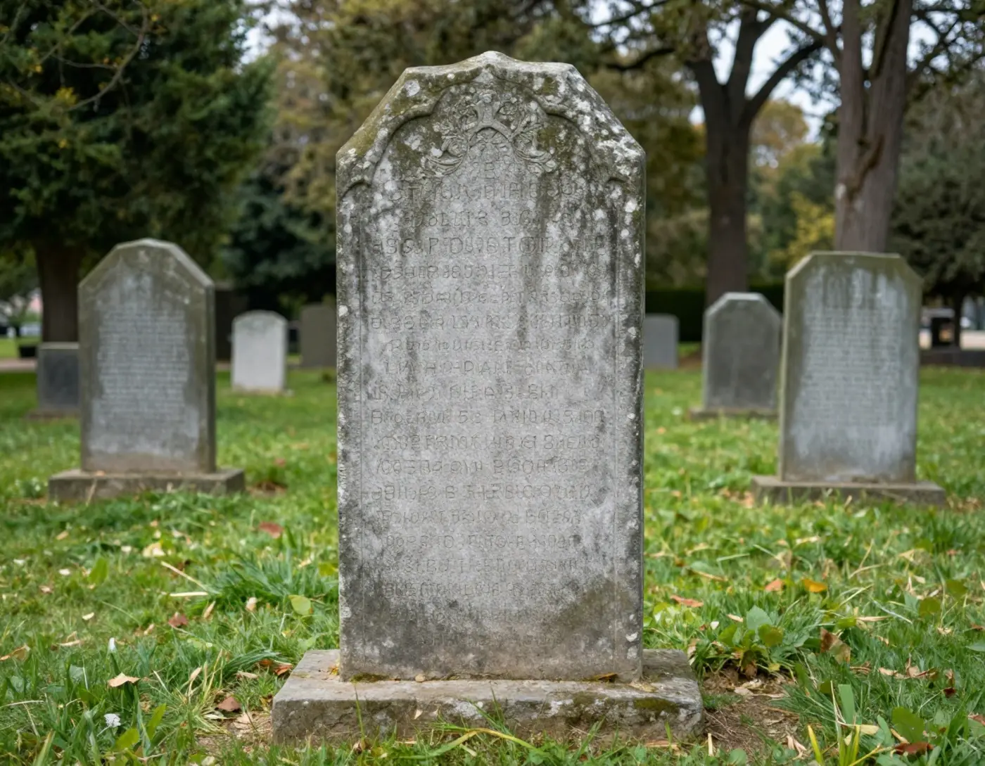 Sépulture ancienne dans un cimetière, entourée d'herbe et d'arbres