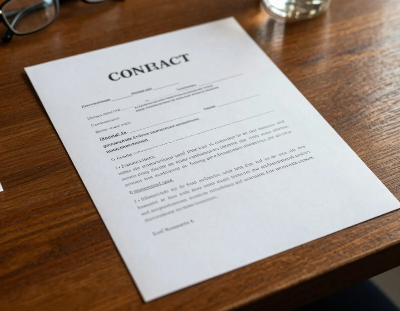 Document de contrat relié posé sur une table avec des lunettes et un stylo