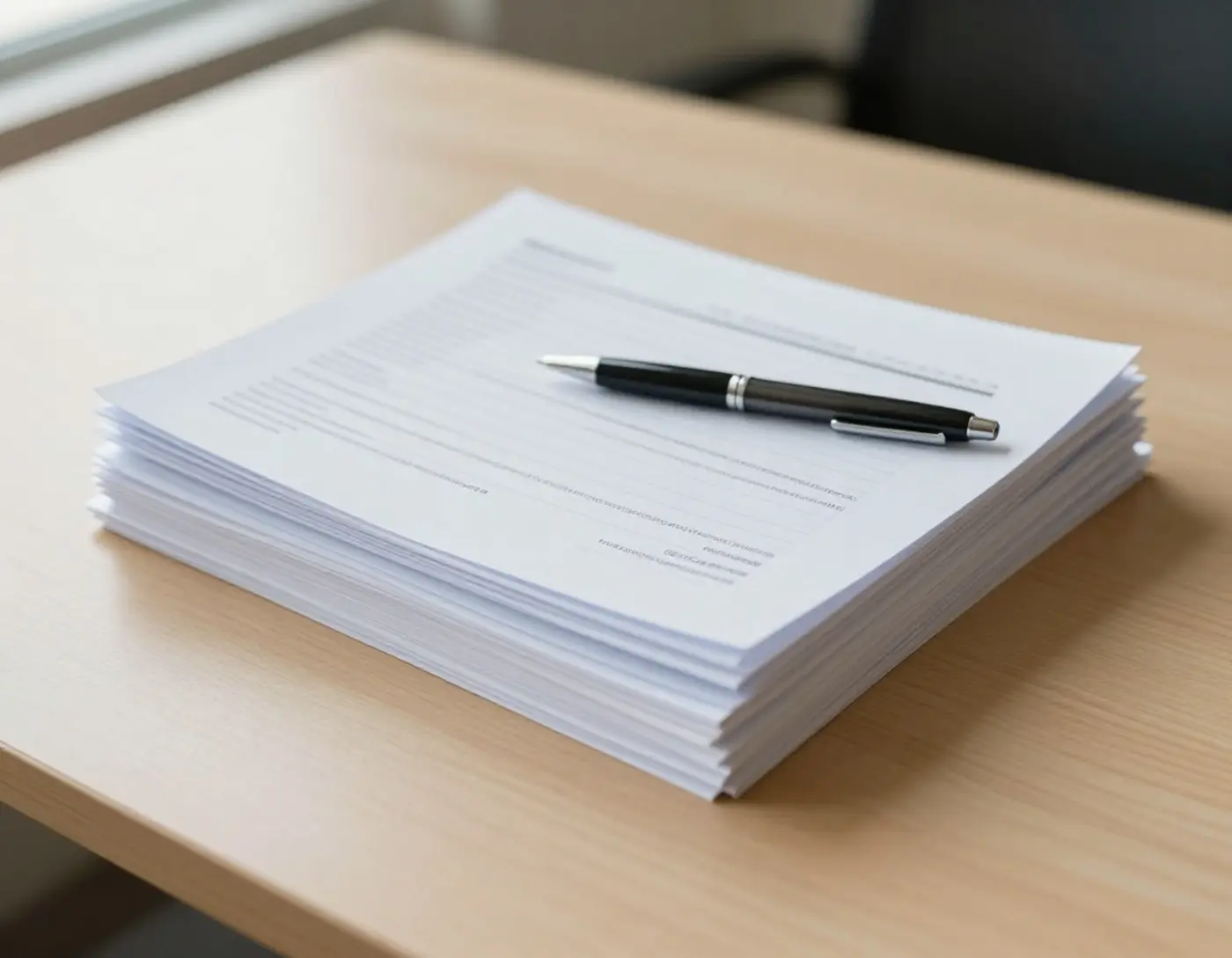 Documents administratifs et stylo posés sur une table en bois, lumière douce