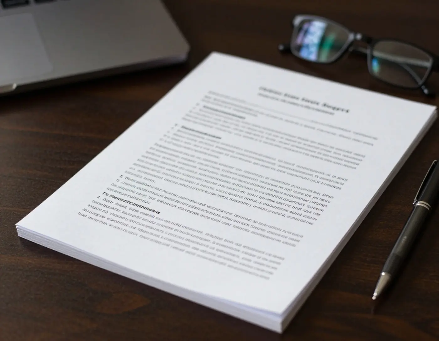 Document détaillé posé sur un bureau sombre avec un stylo et des lunettes