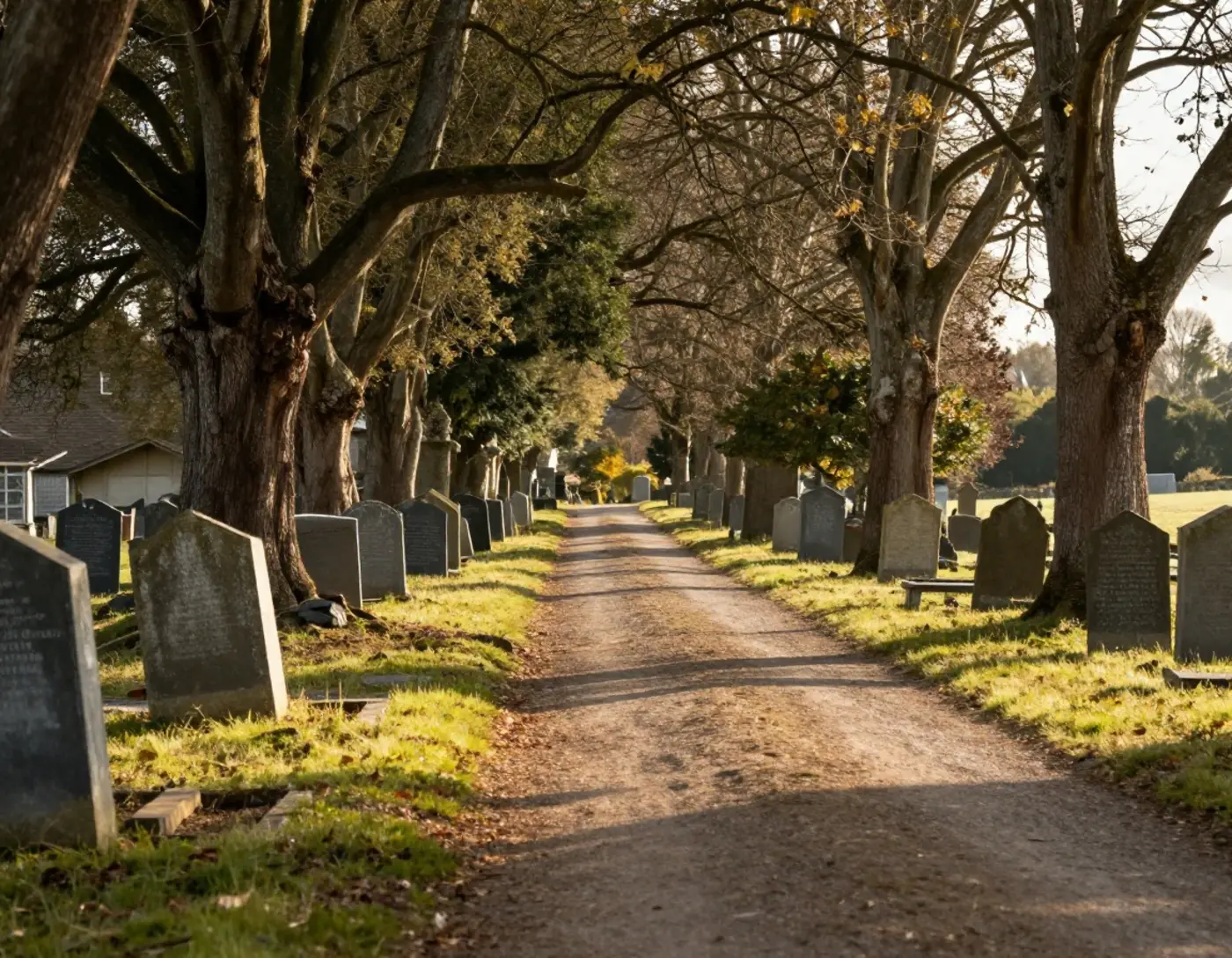 Allée d'un cimetière de village, arbres et pierres tombales effacées par la lumière